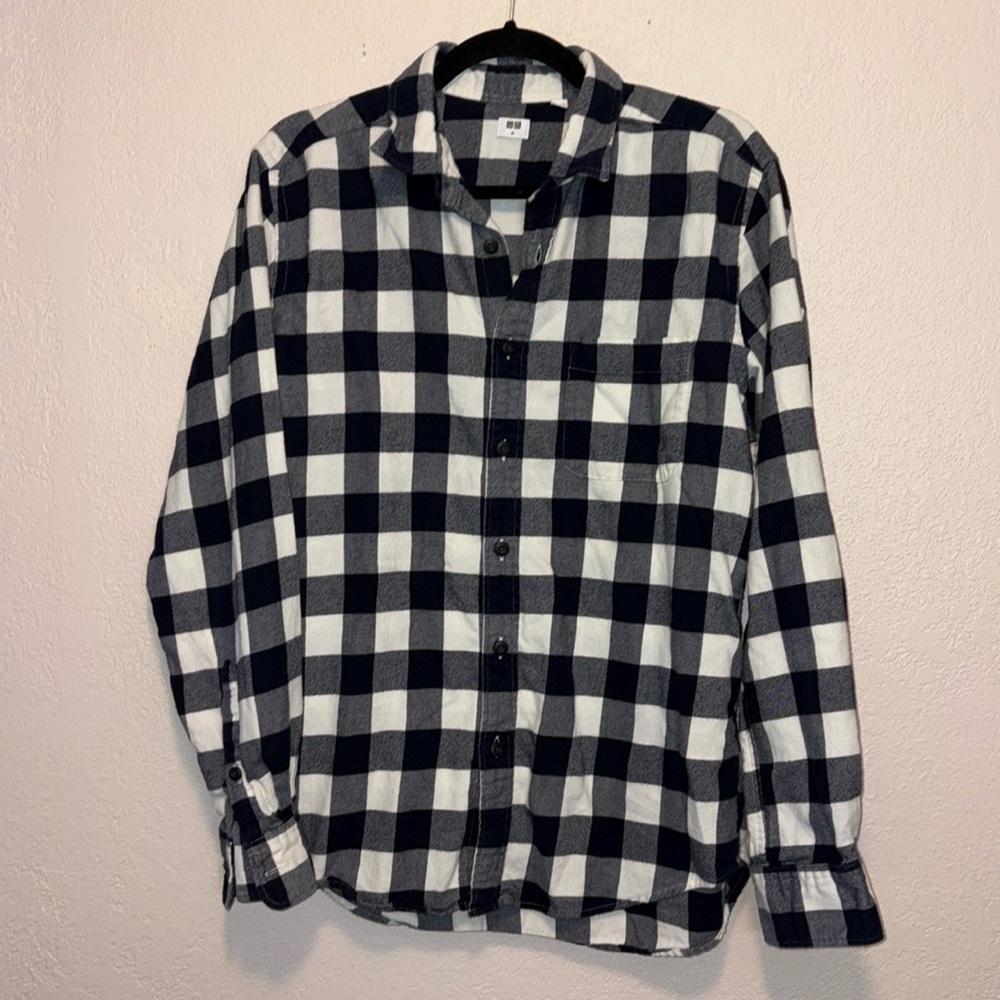 Uniqlo Buffalo Check Flannel Cotton Button Down Shirt Navy White-M